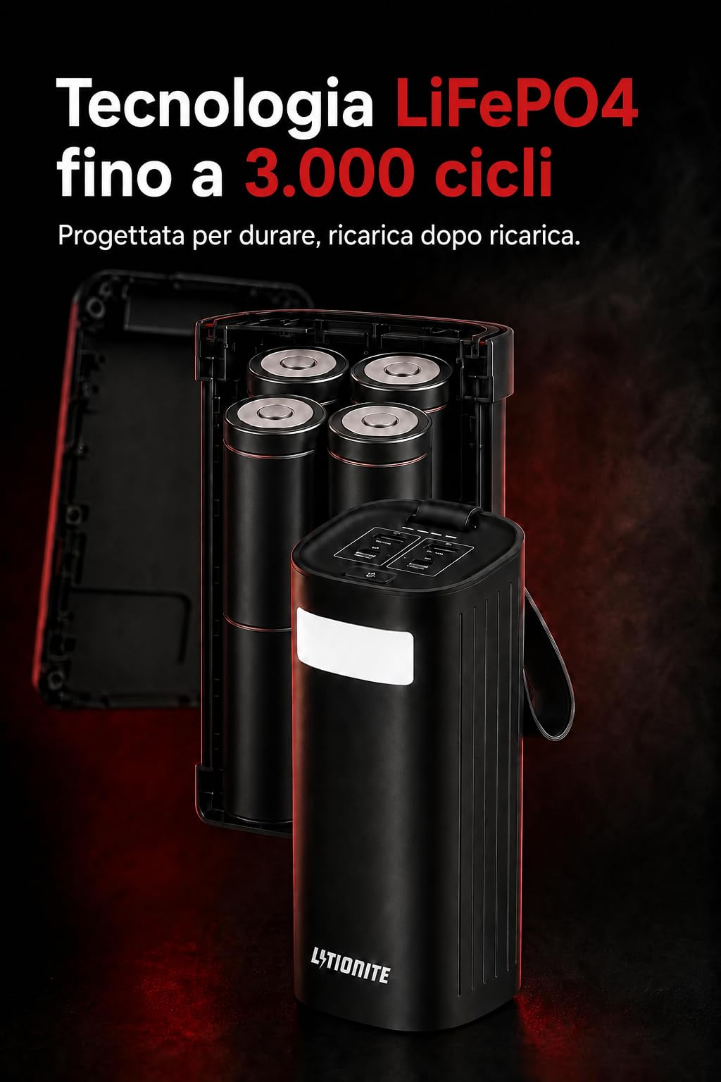 LITIONITE Titan Power Bank 60000mAh 200W per Notebook e MacBook, con doppia porta USB-C 100W PD3.0, Batteria Esterna LiFePO4 3000 Cicli, per Tablet, Nintendo Switch e Drone