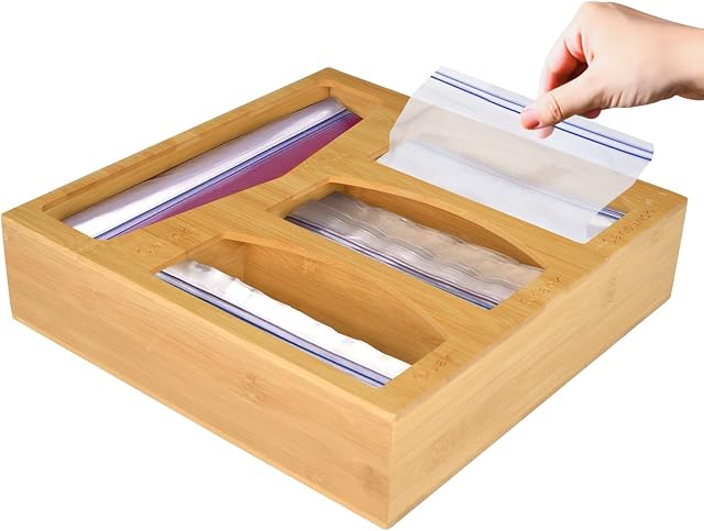 Bamboo Ziplock Bag Storage Organiser, Food Storage Bag Holder, Bamboo Storage Box Compatible with Ziplock Gallons Quart Sandwich and Snack Bags for Kitchen Drawers (A)