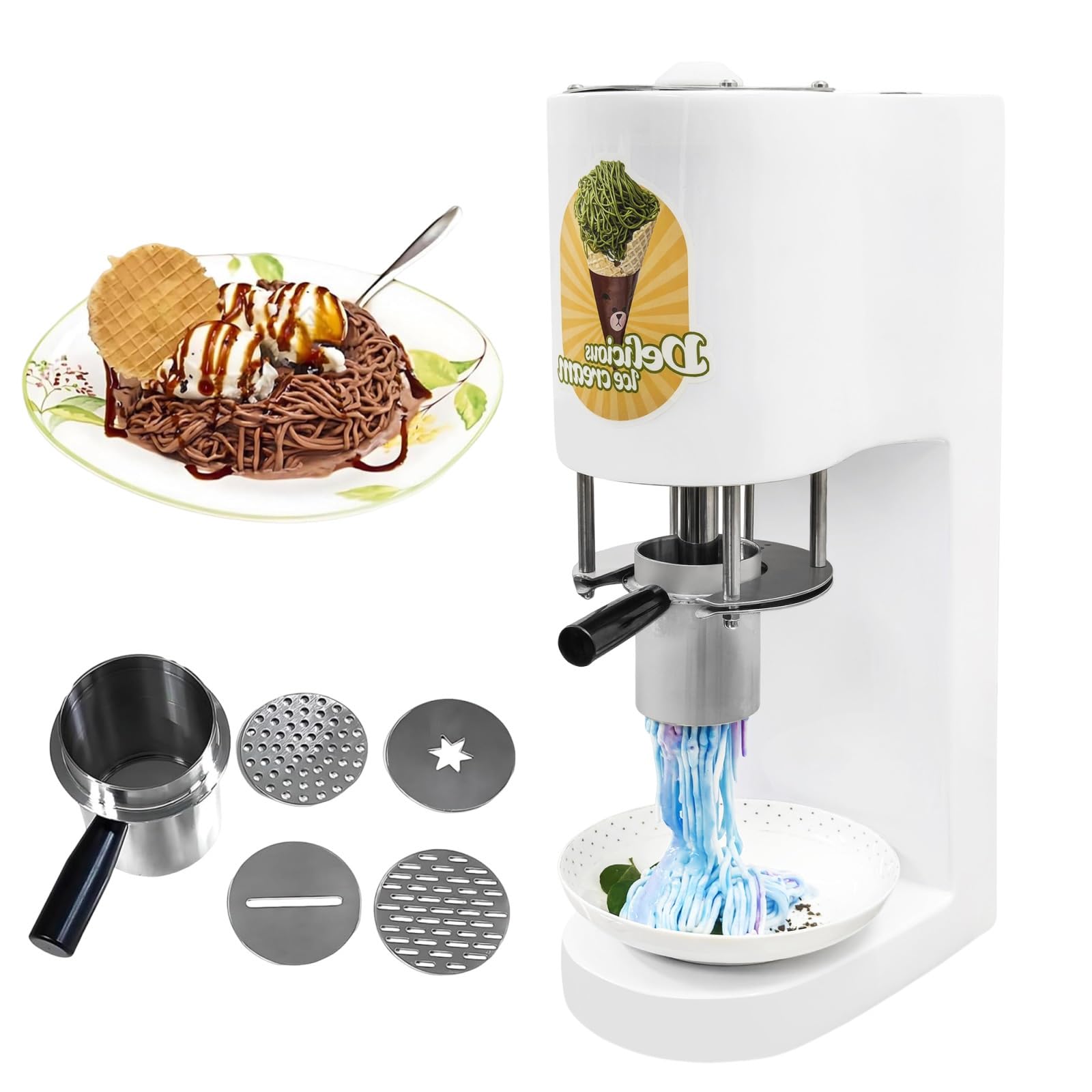 Machine à Glace Italienne Style Spaghetti, Presse à Crème Glacée Professionnelle avec 4 Formes, Moulage Rapide pour Événements et Catering, 80W, Haute Capacité 40L/h(White)