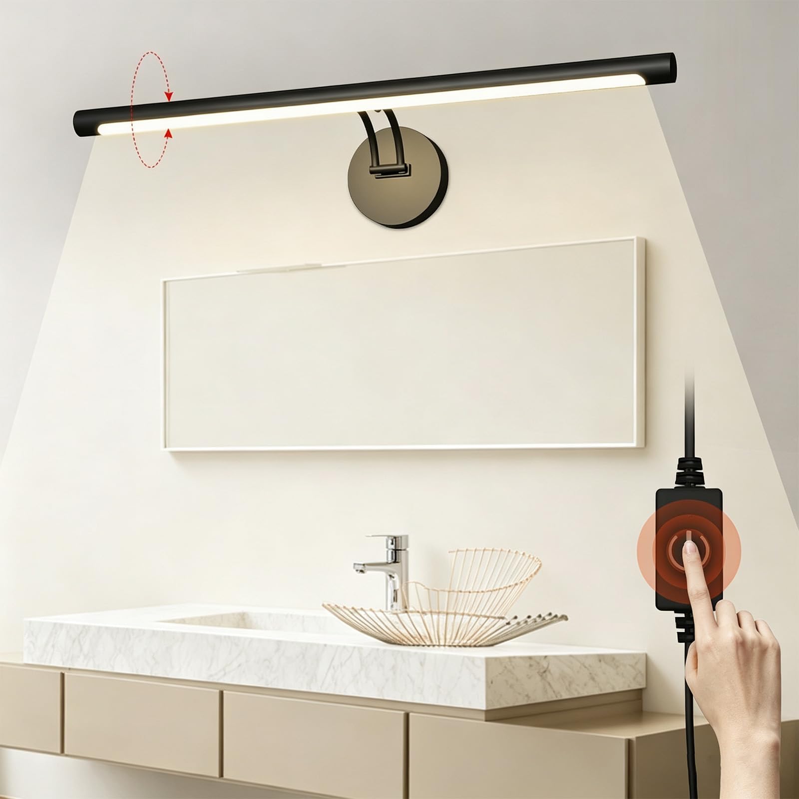 Luce da Specchio Bagno LED Ricaricabile Applique da Parete con Controllo Touch 3 Temperature di Colore Iluminazioni per Pareti 240° Girevole Lampada da Parete Camera da Letto Soggiorno (Nero,40cm)