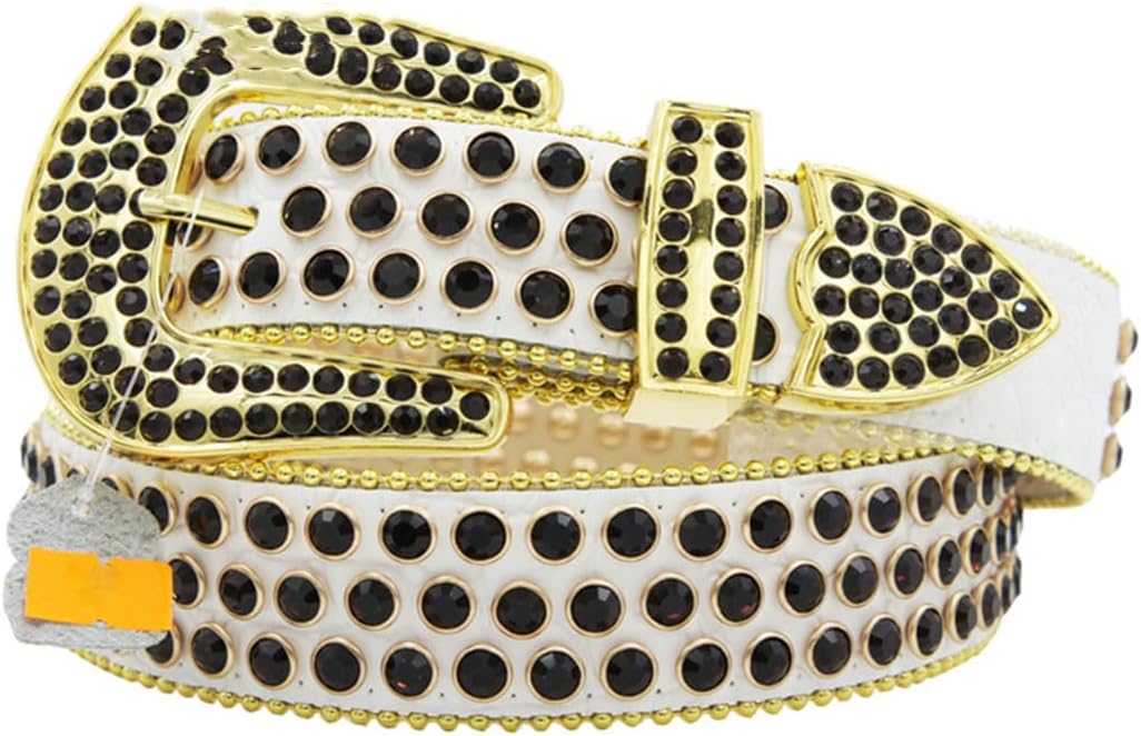 Pulcykp Leather Fashion Rhinestone Western Belt Crystal Studded Belts For Women Men Jean Strap