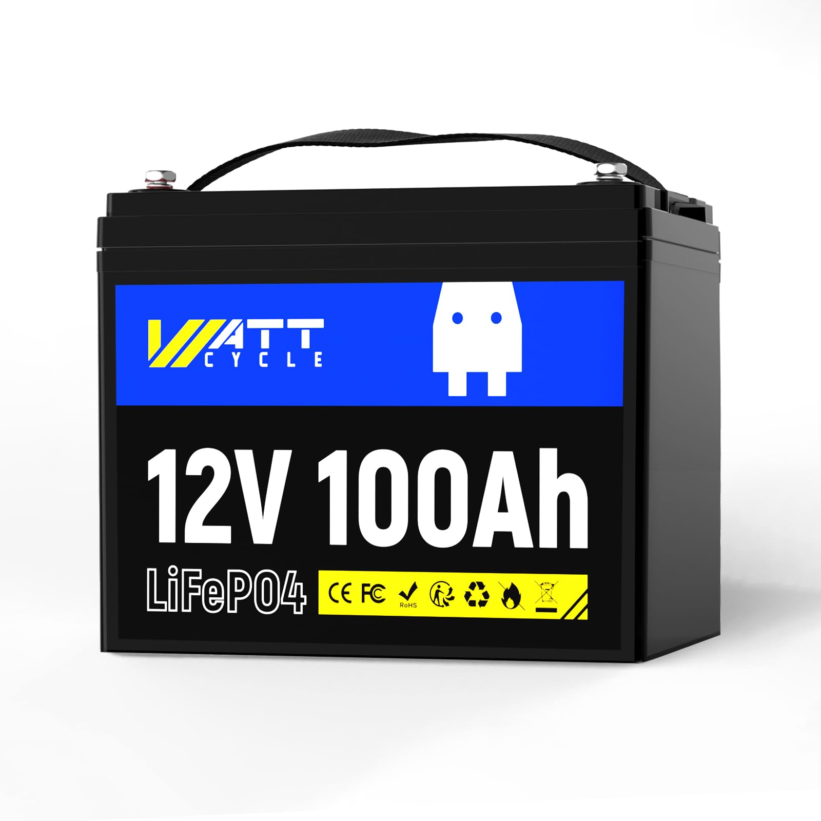 Wattcycle Batterie Lithium LiFePO4 12V 100Ah, Max.15000 Cycles, BMS 100A avec Protection Basse Température, Idéal pour Camping-Car, Bateau, Solaire et Stockage d’Énergie