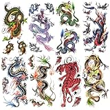 Oottati 8 sheets Arm Temporary Tattoos Colorful Chinese Blue Green Dragon Tiger