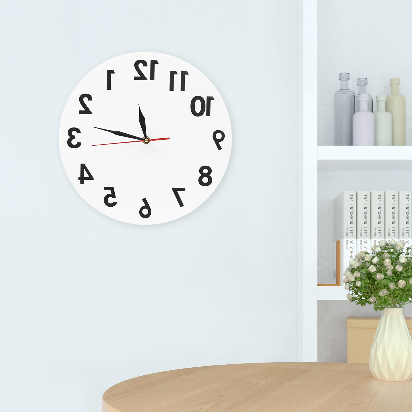 Reverse Wall Clock Frameless DIY Wall Clock Round Acrylic Time Decor Large Dial with Bold Black Numbers and Bold Pointer, Backward Clock for Living Room Bedroom Home Office, Wall Mounted, 30 * 30cm