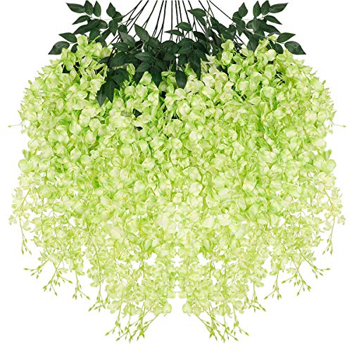 Tifuly 12 stuks kunstmatige glyzinia wijnstokken, 3,08 voet ratta vervalste glyzinia lange slinger zijden bloemen hangende string voor thuis feest bruiloft plafond decoratie (dubbele stengels, groen)
