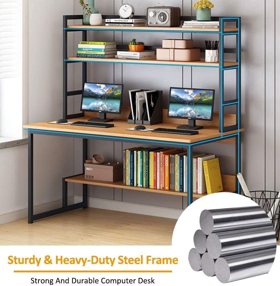 Lovinouse 2 in 1 55 Inch Computer Desk with Hutch, Modern Sturdy Writing Table with Storage Shelf, PC Table Workstation for Home Office, School