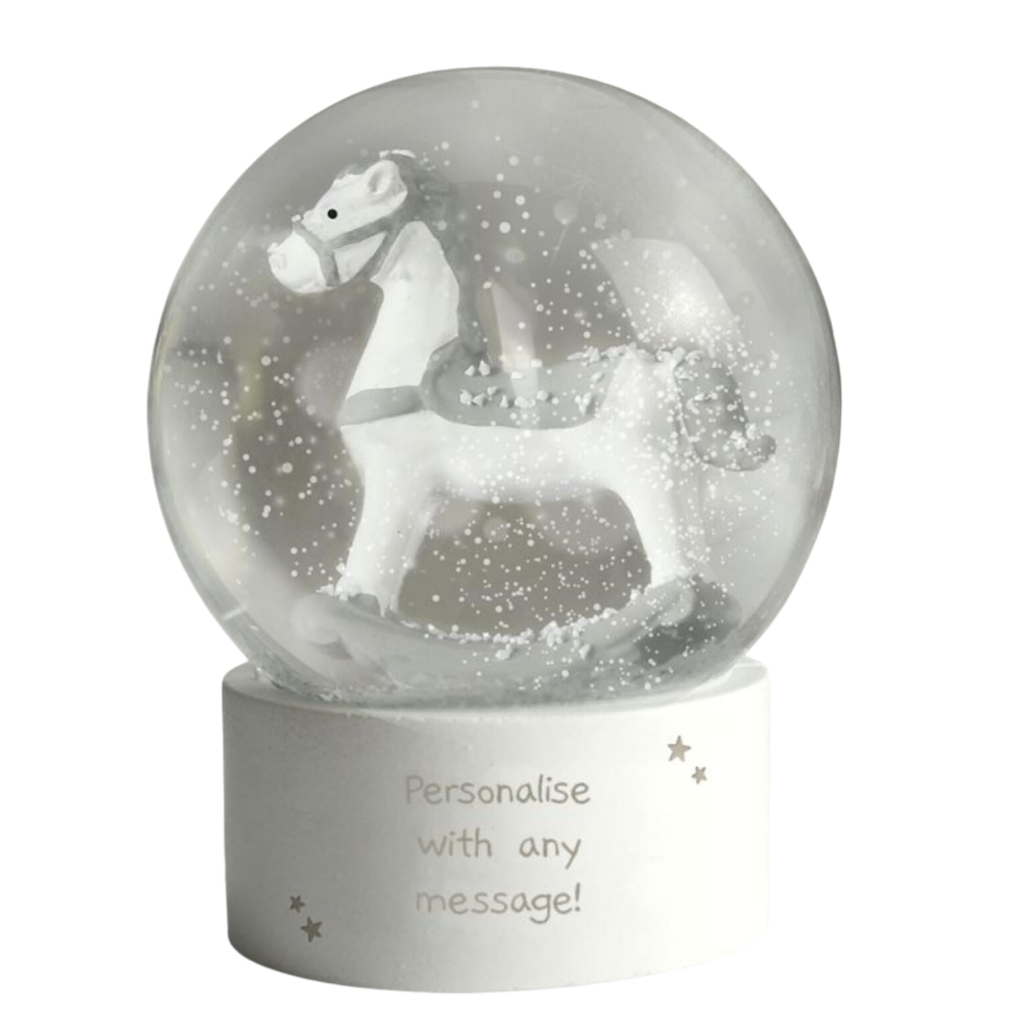 Caleli Gifts Clear Personalised Snow Globe. Rocking Horse Glitter Snow Globe