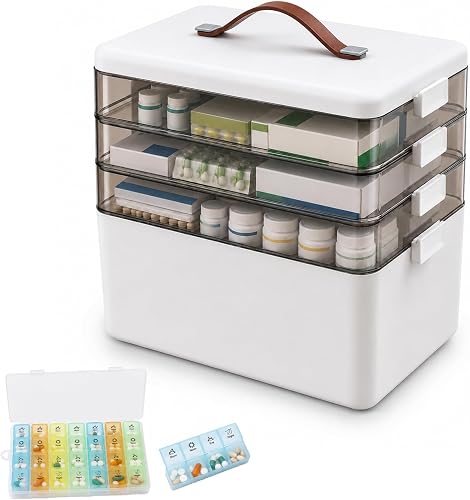 4 Étages Boite Pharmacie Grande avec Pilulier Hebdomadaire et Po 