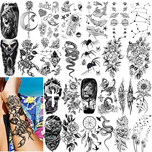 Vantaty 61 Sheets 3D Snake Flower Temporary Tattoos For Women Girls Neck Arm, 12 Sheets Realistic Floral Fake Tattoo Stickers Thigh, Waterproof Temp Transfer Tatoo Adults Rose Sunflower Butterfly #TOP6