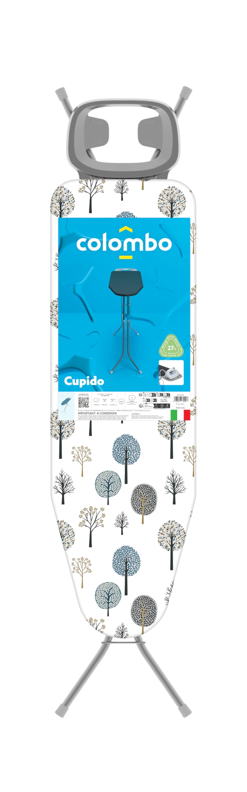 Colombo | Cupido Asse da Stiro 114x36cm con Poggiaferro Rinforzato | Tavola da Stiro Pieghevole Altezza Regolabile Max 90cm | Foderina in Cotone Bio | Gambe Rinforzate Ø 20mm | Made in Italy