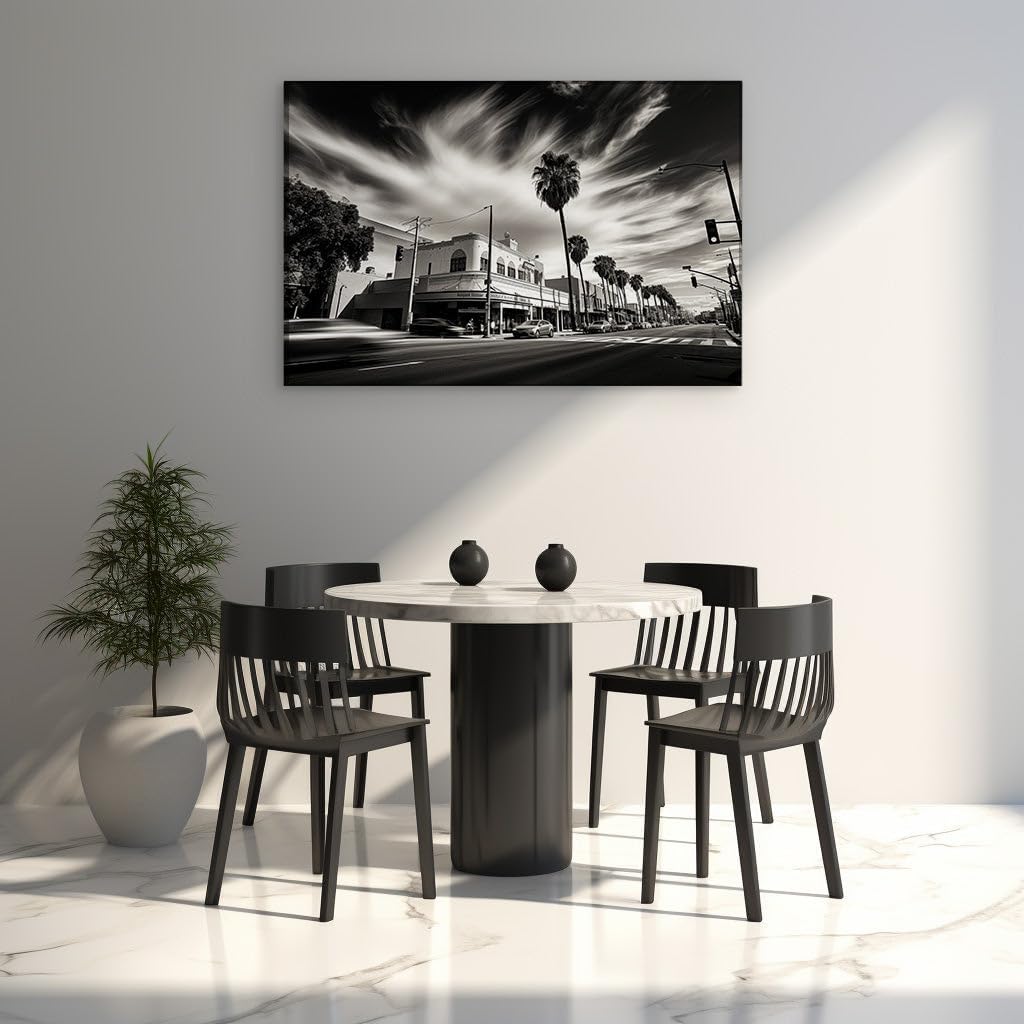 Canvas for Living room. Palm Shadows and Urban Echoes - Capturing the Essence of a Cloudy Cityscape, 27 x 18 inch Canvas Wall Art - Contemporary Masterpieces - Modern Home Decor