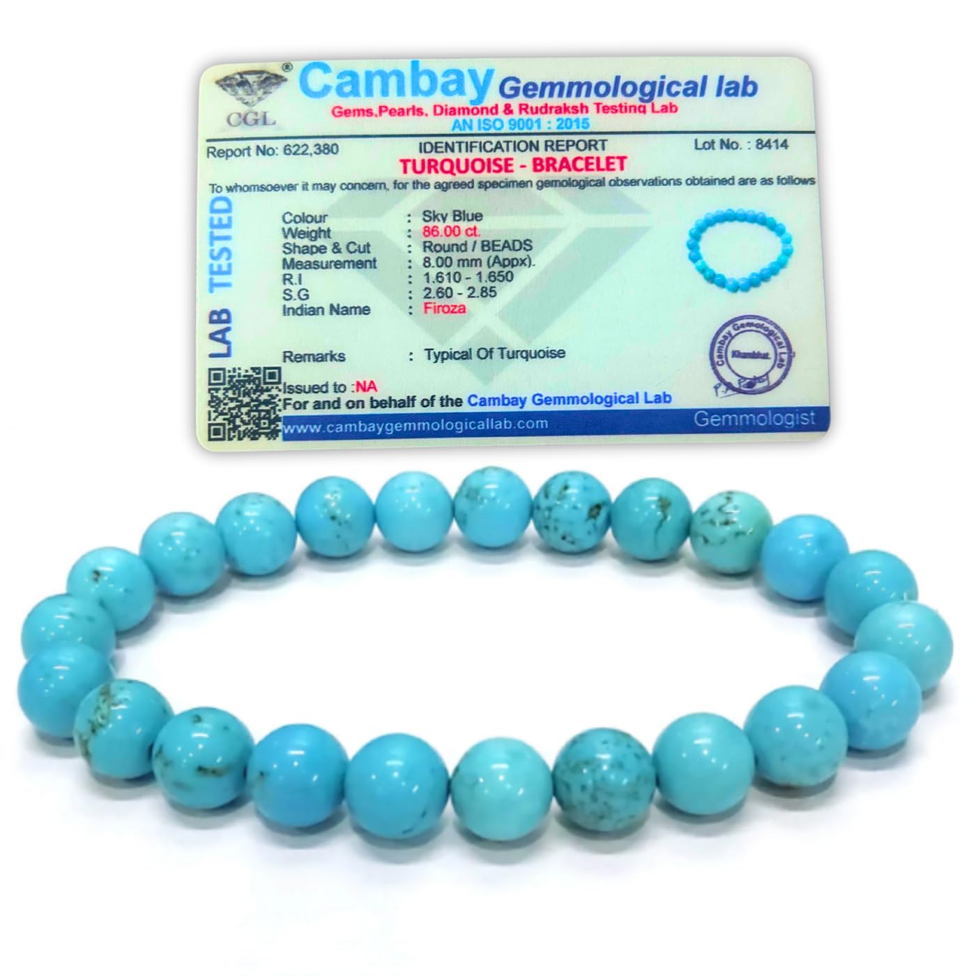 VIBESLEOriginal Certified Turquoise (Firoza) Bracelet Lab-Certified AAA Grade 8mm Stretchable Original Unisex Bracelet For Throat Chakra, Communication, Good Luck & Manifestation