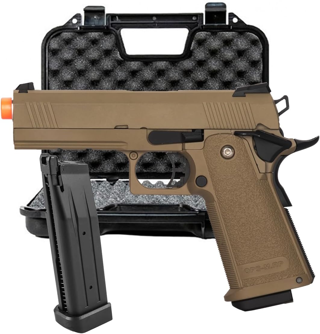 GoldenBall & Eagle Steel 1911 OPS-MRP Hi-Capa 5.1 Gas Blowback Airsoft Pistol with Case & Extra Magazine (8.25''/Tan)