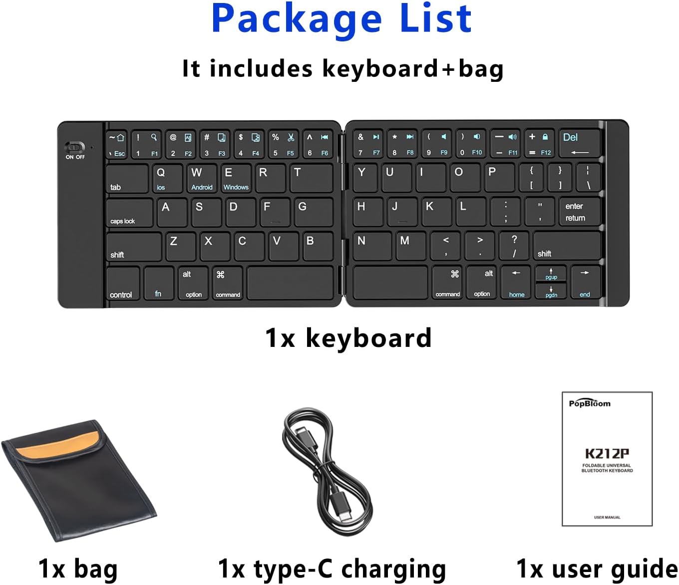 PopBloom Foldable Bluetooth Keyboard - Portable Keyboard with Storage Bag, Rechargeable Full Size Ultra Slim Compatible iOS Android Windows Smartphone Tablet and Laptop(Keyboard+Bag)