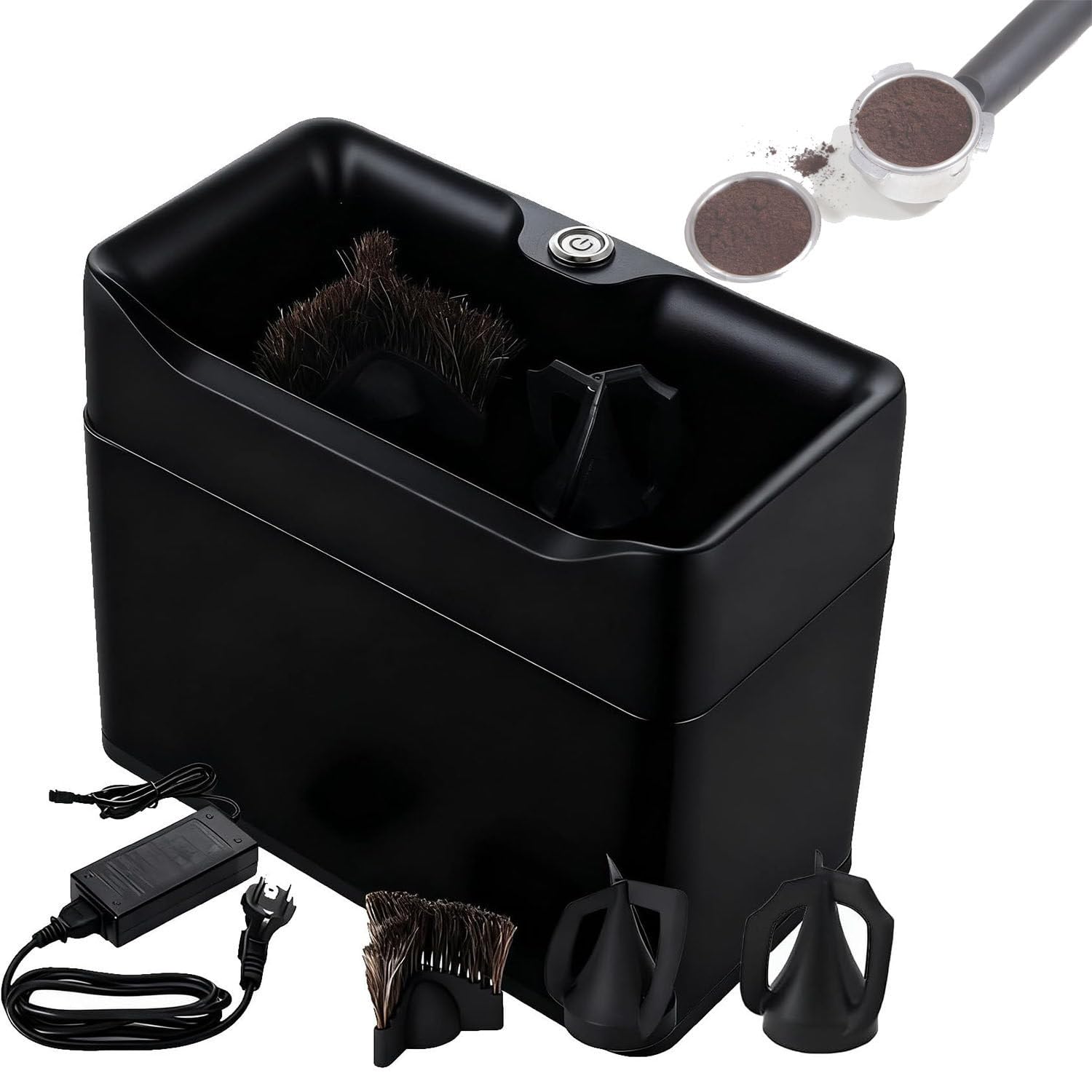 Limpiador Portafiltros Cafe Eléctrico,Limpiadora Portafiltros Eléctrica, Limpieza automática,1 Cepillo+2 raspadores,Compacto,para Barista y Uso doméstico Black
