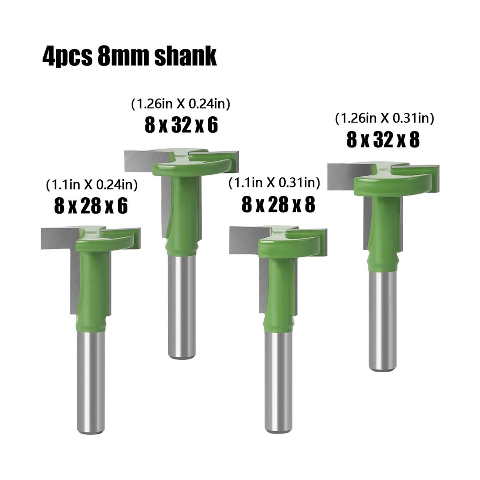 1/4 szt. 8mm chwyt t-slot zestaw frezów do rowków-szerokość rowka szyn szufladowych złącza drewniane frez szczelin z węglików spiekanych(4PCS ZBTXDL8mm shank)