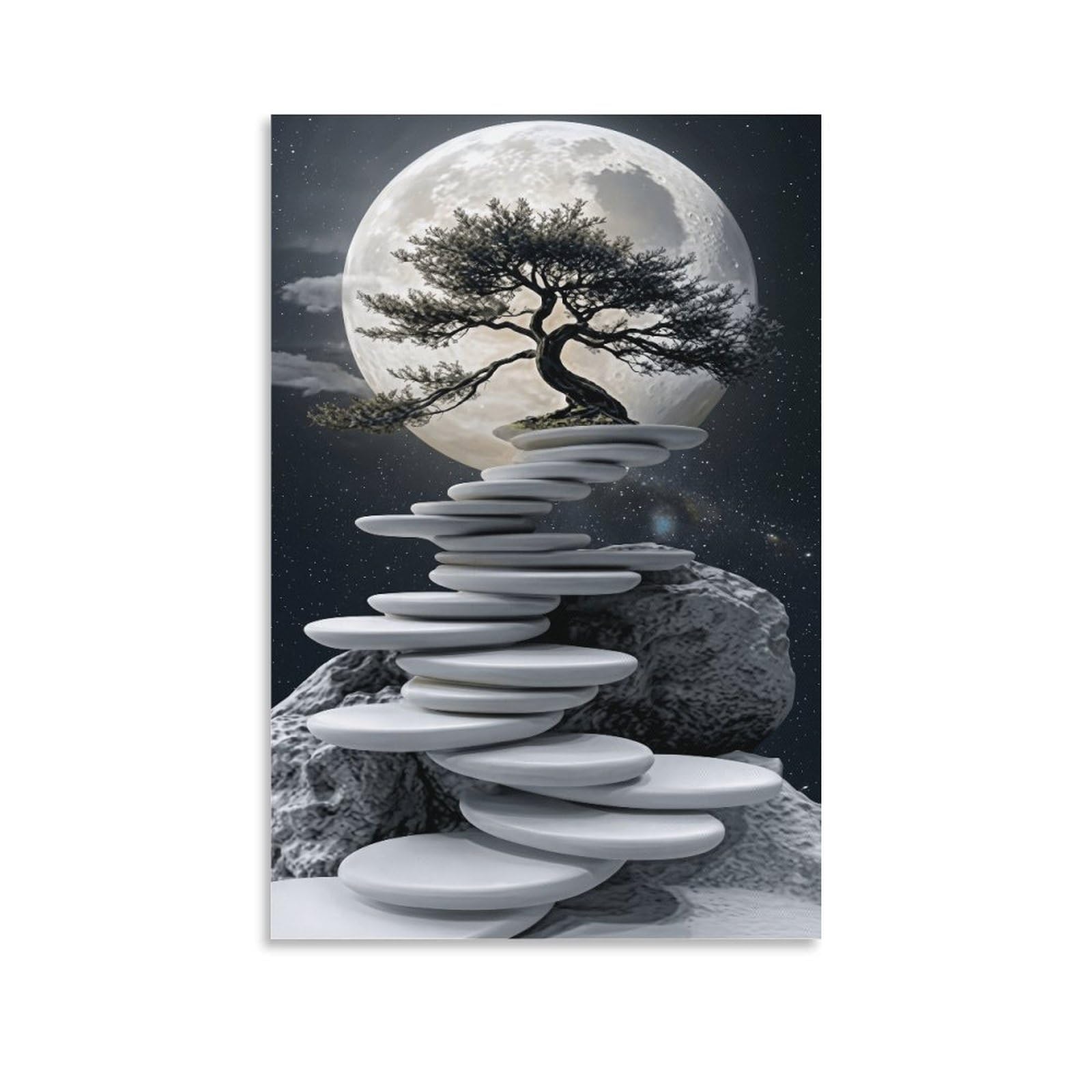 XPASHIQWC Moonlit Zen Balancing Stones & Pine Tree Poster Artwork Canvas Prints Picture Modern Wall Art Picture Wall Hanging for Dining Room Kitchen Home Office Decor 20x30inch(50x75cm)