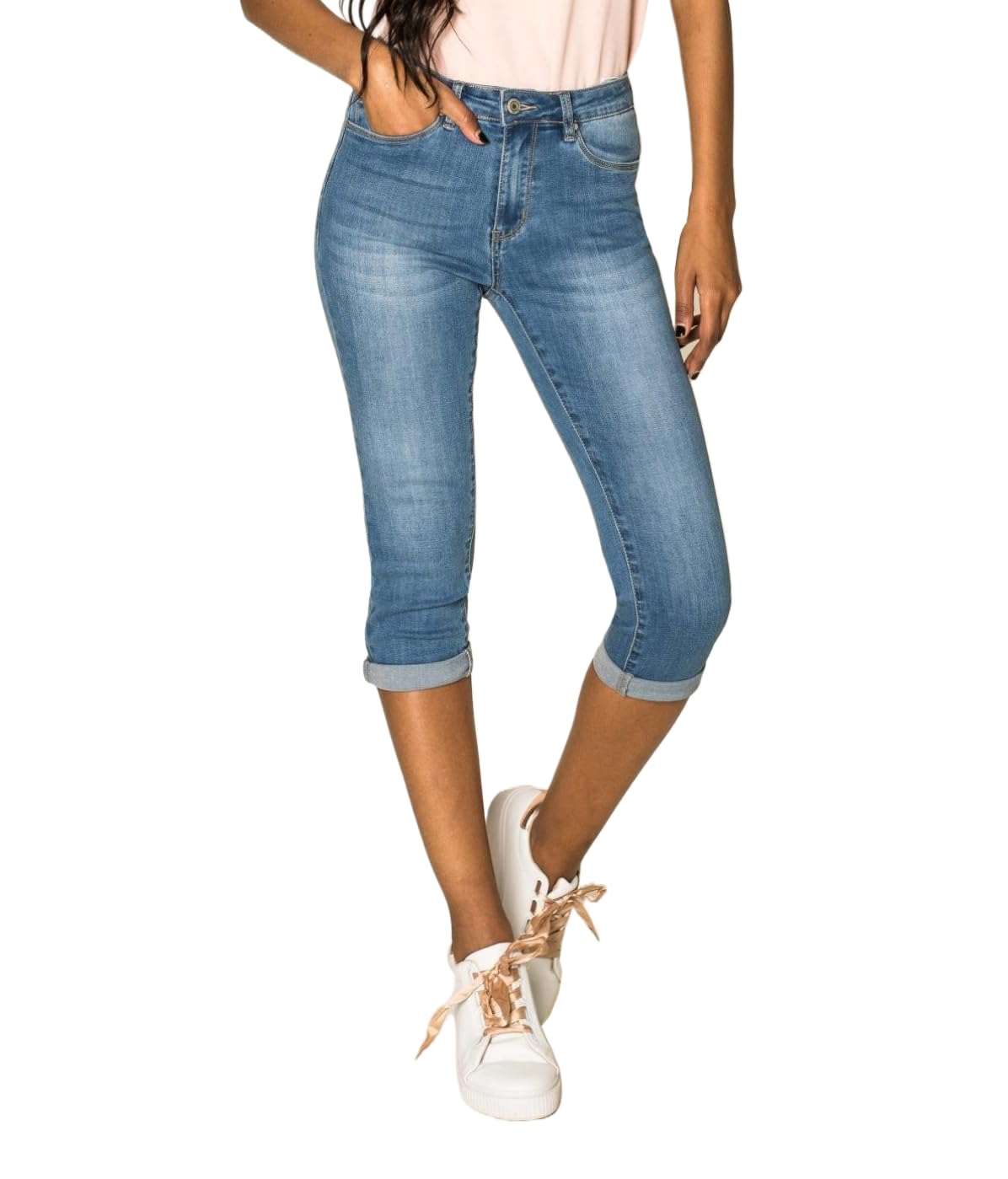 Nina Carter P132 Capri Skinny Fit Jeans a vita alta, effetto lavanderia