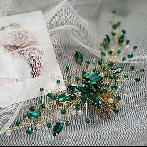Teyglen Bridal Wedding Gold Hair Combs Green Rhinestones Crystal Side Hair Comb Flower Crystal Bride Hair Accessories For Women And Girls #TOP3