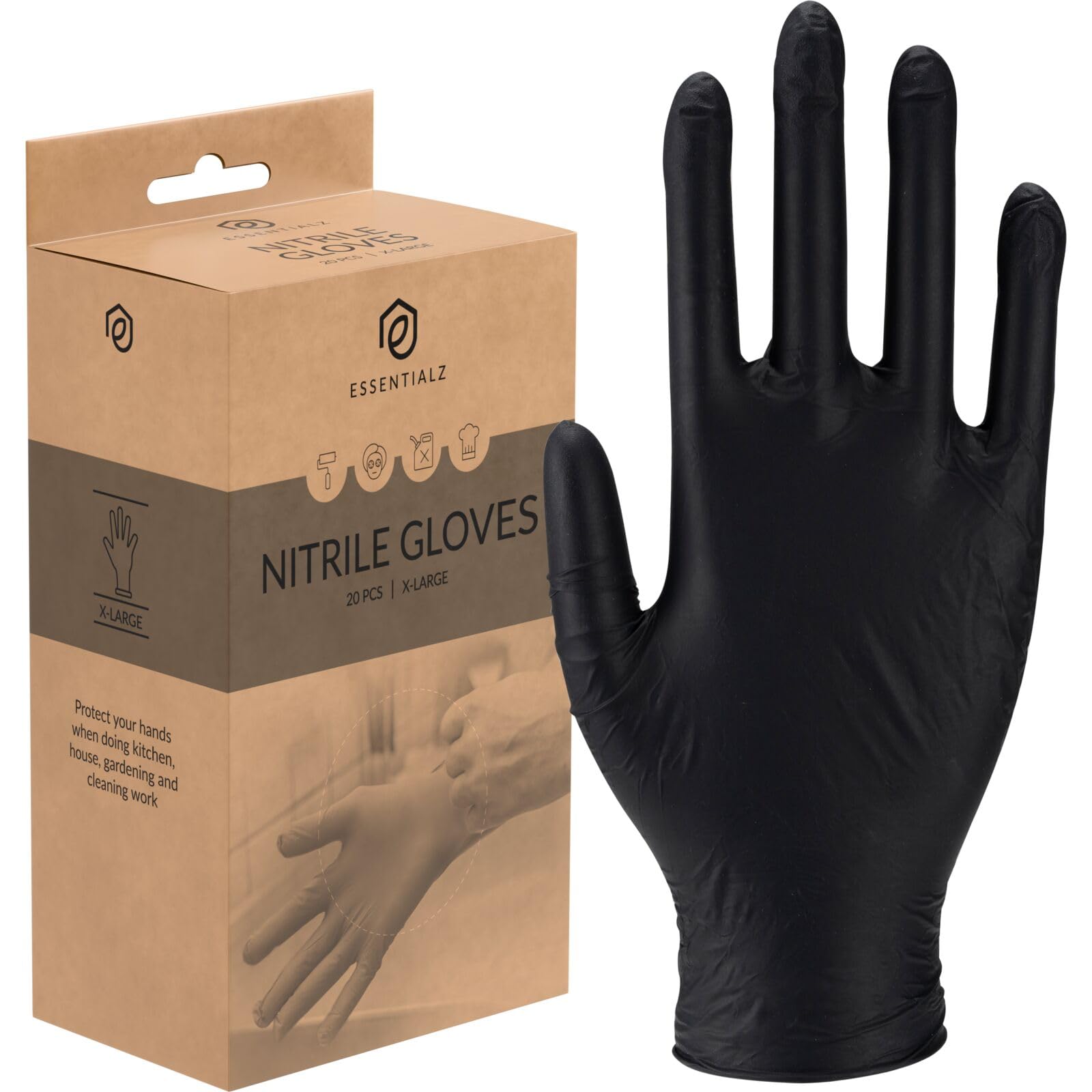 Essentialz Black Nitrile Disposable Gloves, XLarge, Pack of 20, Latex-Free, Powder-Free, Food Safe, CE Certified, Extra Soft & Elastic for Cleaning, Cooking, Tattoo & Salon