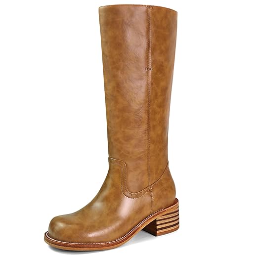 Women's Knee High Boots Square Toe Chunky Block Heel Long Boots for Women Comfortable Low Heel Womens Boots