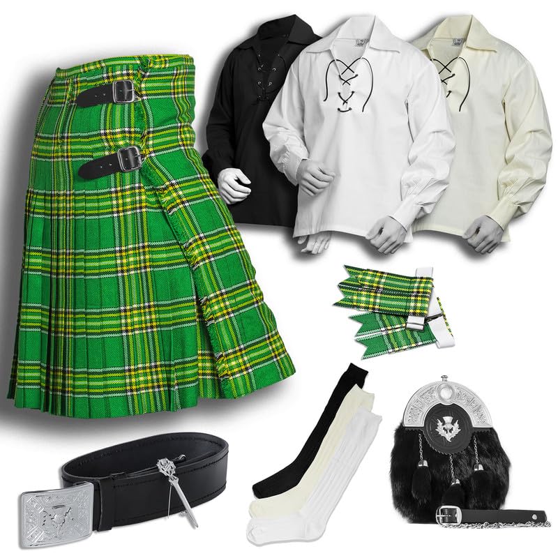 BELGLY Scottish Kilt for Men - 08 Pcs Kilt Accessories for Men, Scottish Outfit, Irish Green 38''