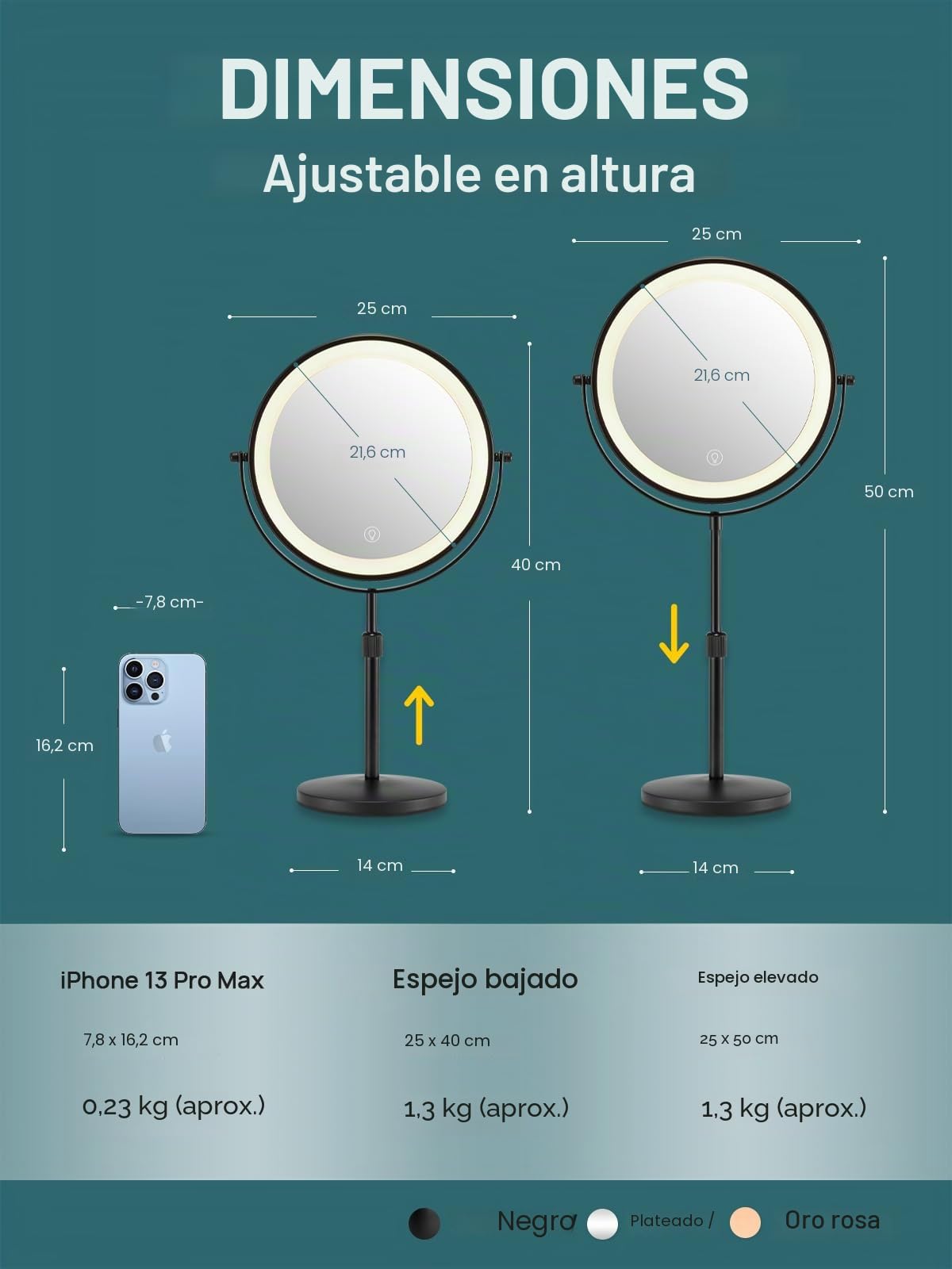 OMIRO Espejo Maquillaje LED con Aumento 3X/10X, Espejo Tocador sin Giro con Soporte Ajustable en Altura (Negro)
