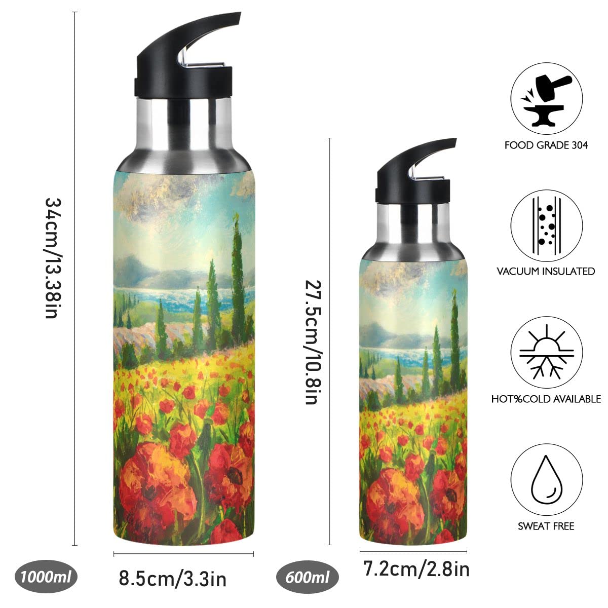 Edelstahl Wasserflasche mit Strohhalm, rote Mohnblumen isolierte Trinkflasche Sport Wasserflasche für Kinder Erwachsene, auslaufsicher, 1L