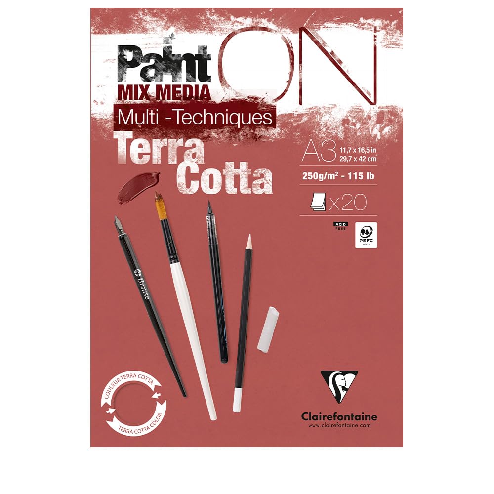 Clairefontaine 976154C PaintON Multi-Technique Terracotta A3 29.7x42 cm 250g Glued Pad - 20 Sheets Multi-Technique Drawing Paper with a Rough Grain - Terracotta