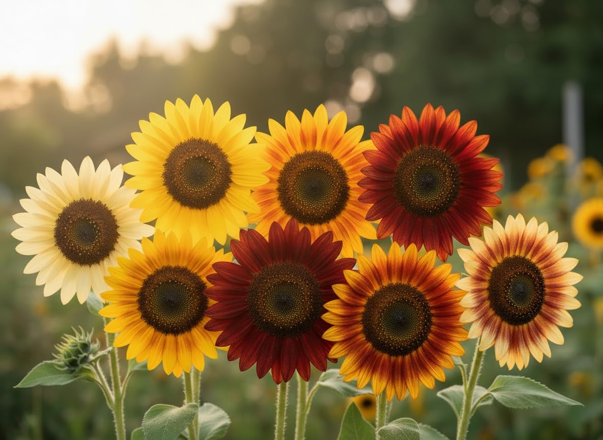 Sonnenblumen Samen im Set: 8 Sorten Sonnen Blumen Saatgut viele Farben: rot gelb orange bronze, lat. Helianthus annuus, Sonnenblumensamen Mix, Mischung bunte gefüllte Blumensamen (500 Samen)