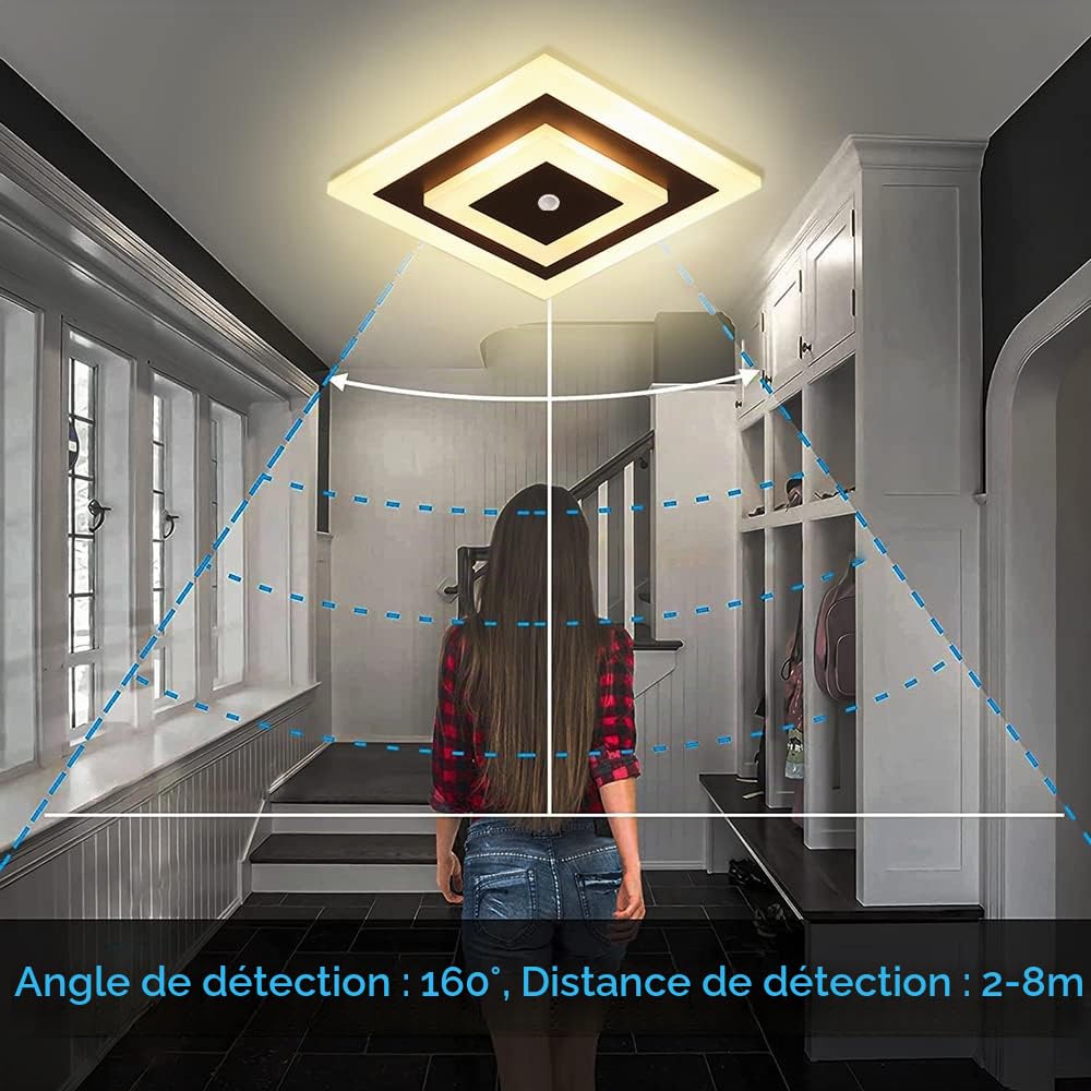 KZT LED Plafonnier avec Détecteur de Mouvement 16W Métal Acrylique Lampe de Plafond 3000K Lumière Chaude Moderne Carré Intérieur Lampe à Détecteur pour Salon Chambre Studio Hôtels Couloirs Balcon