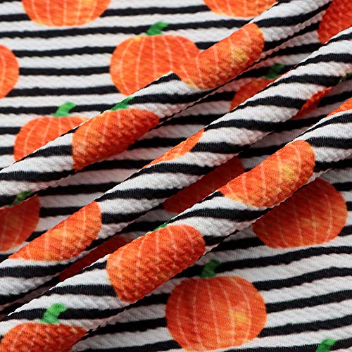 David Angie Halloween Theme Pumpkin Stripe Printed 4 Way Stretch Bullet Textured Liverpool Fabric Polyester Spandex Knit Fabric by The Yard for Head Wrap Accessories (Halloween)