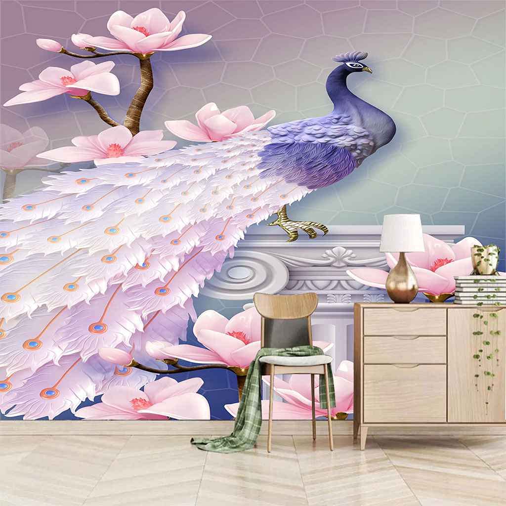 Papier Peint Canevas 3D Paon Rose autocollant 300x210 cm mural