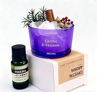 Crystal Essential Oil Diffuser Stone with Creative Cup, Mini Plant & Oils Set - Cordless Waterless Small for Relaxation, Meditation, Home Office (Purple)