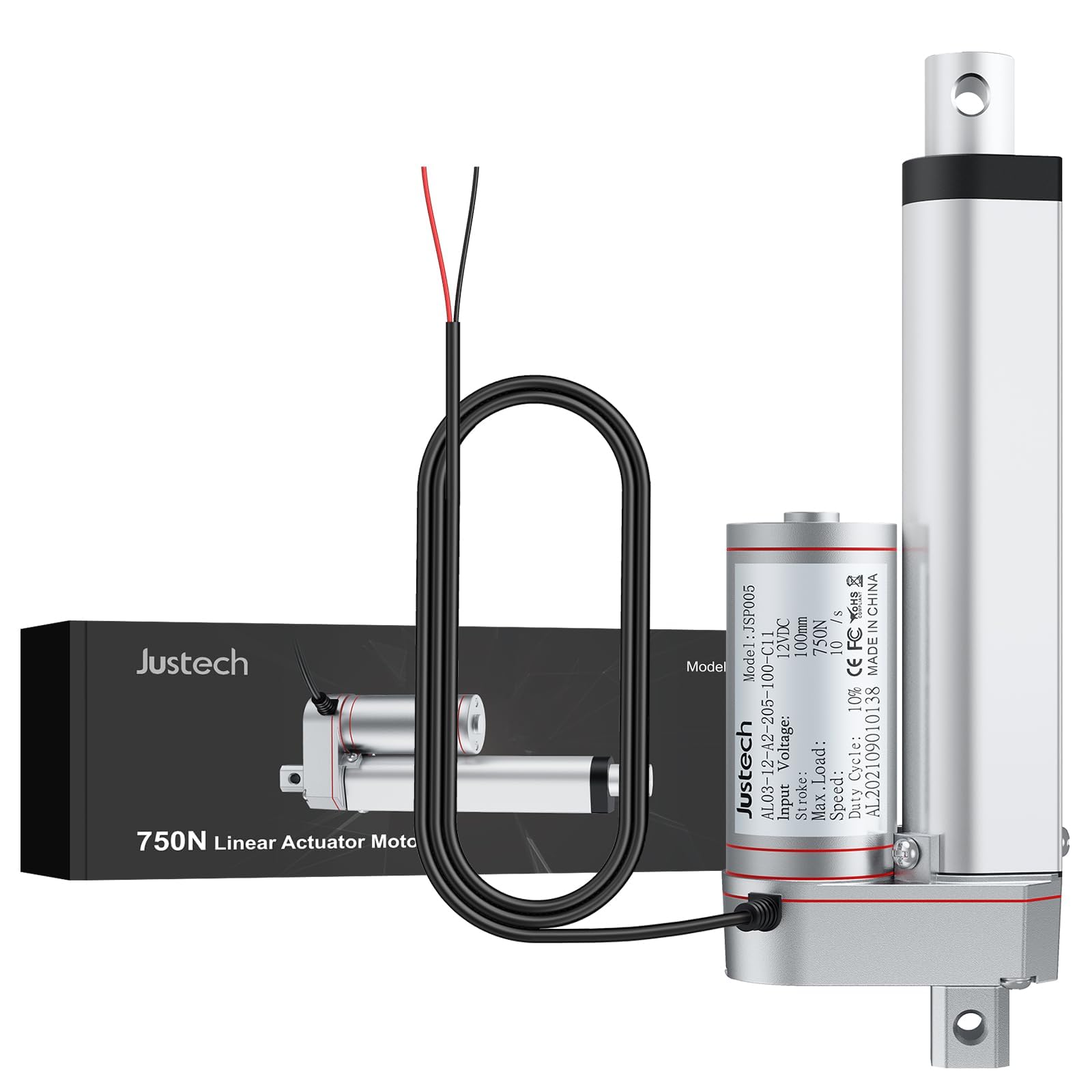 Justech Silnik liniowy, napęd regulacyjny, otwieracz bramy, silnik liniowy 12 V DC 750 N, 100 mm, technika liniowa, elektryczny silnik prądu stałego, cylinder, silnik do pchania mebli samochodowych