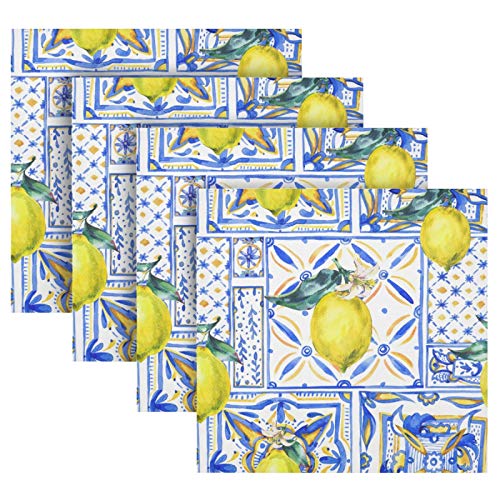 Alaza Vintage Yellow Lemon Fruit And Blue Print Cloth Napkins Dinner Napkins Set Of 6,Reusable Table Napkins Washable Polyester Fabric For Cocktail Party Holiday Wedding Home Decorative #TOP1