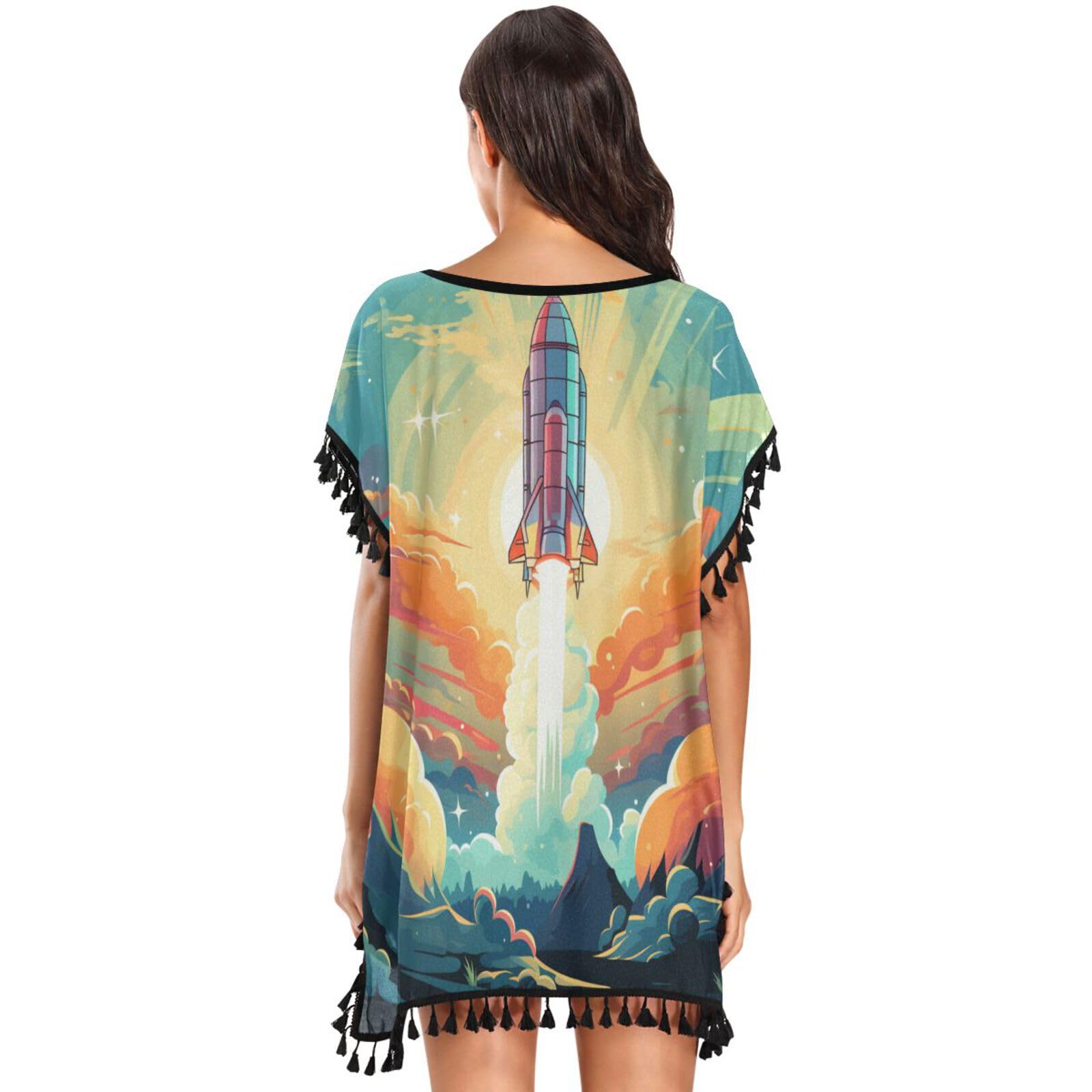Cartoon Rocket Purple Sky Women's Beach Cover Up Chiffon Tassel Swimwear Swimsuit Coverups for Girl
