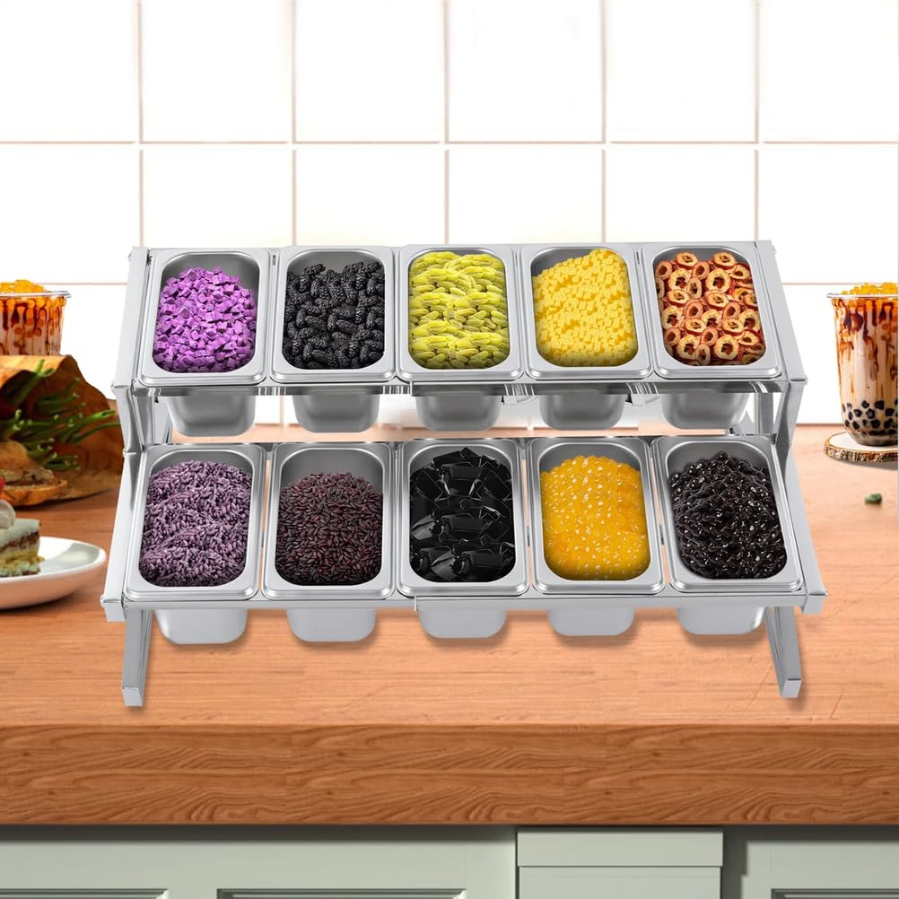 Estante expandible de acero inoxidable para especias, organizador de condimentos con sartenes y tapas de alimentos de 10 1/9 para condimentos, salsas, ingredientes, guarniciones, frutas
