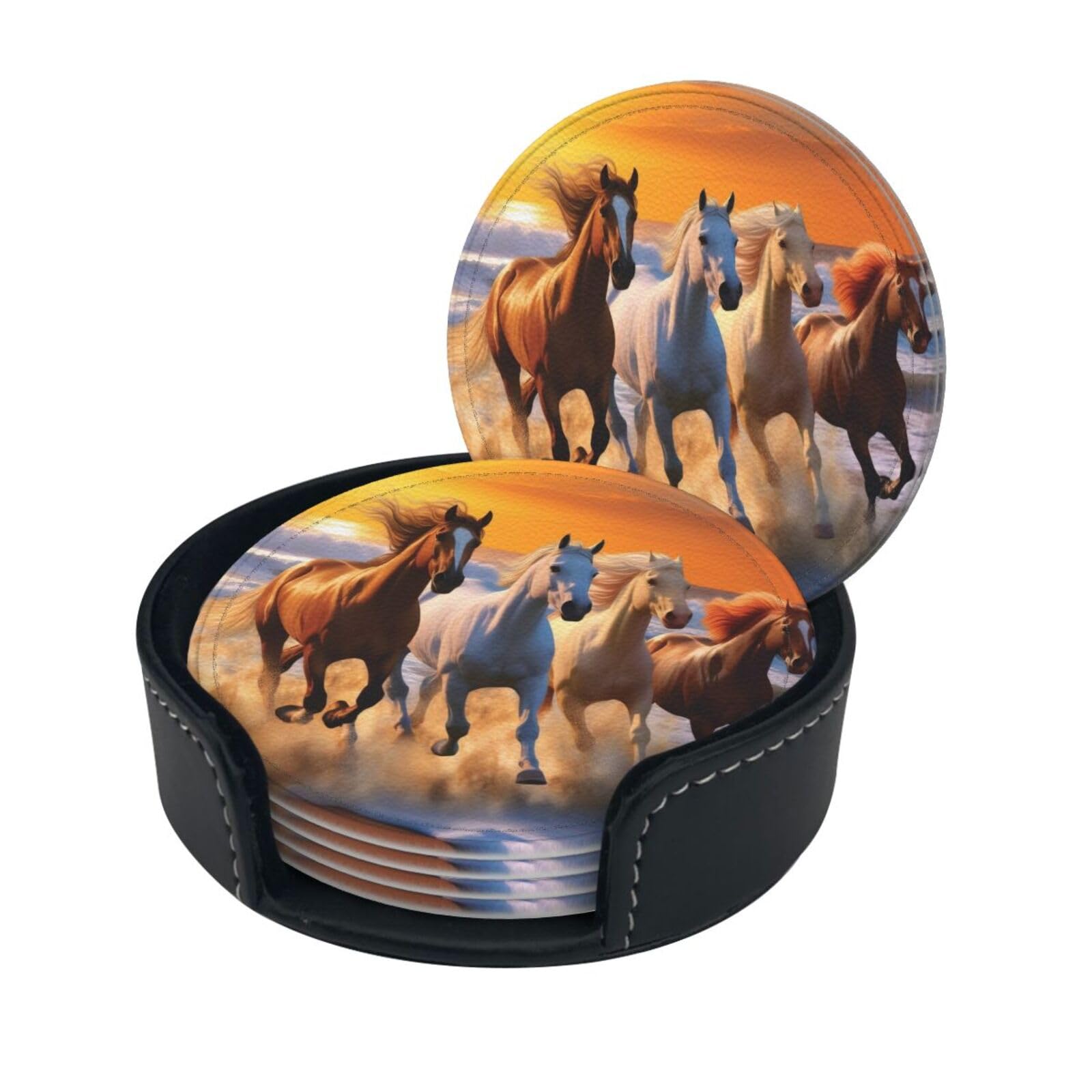 Stylish Coasters - Horses On The Beach Set of 6 Round Leather Drink Coasters with Holder - Perfect Size for Cups and Glasses