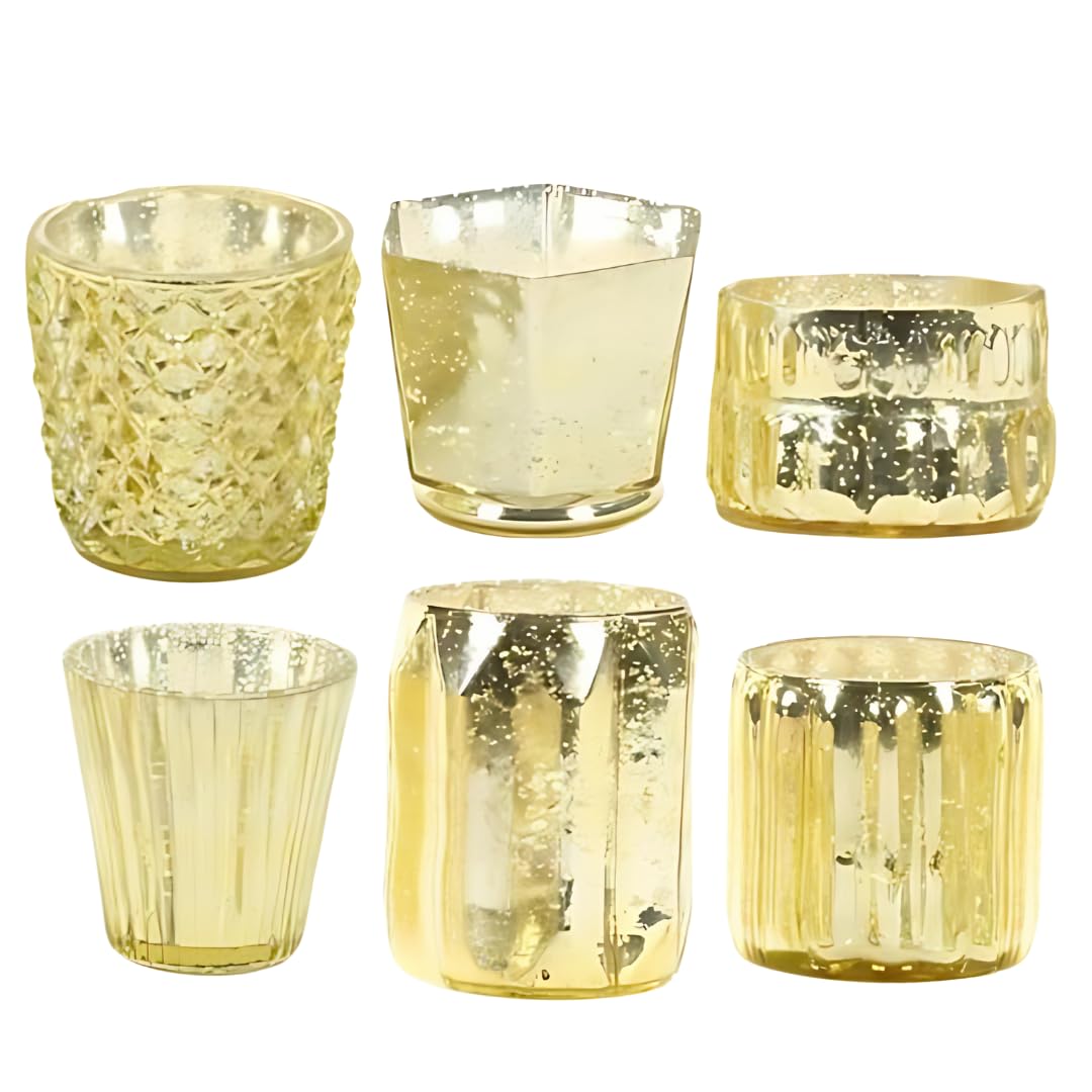 Koyal Wholesale Gold Mixed Mercury Glass Candle Holder, 6-Pack, Boho Mismatched Votive Candle Holders for Table Centerpieces, Assorted Gold Votive Candle Holders Wedding Birthday Baby Shower Decor