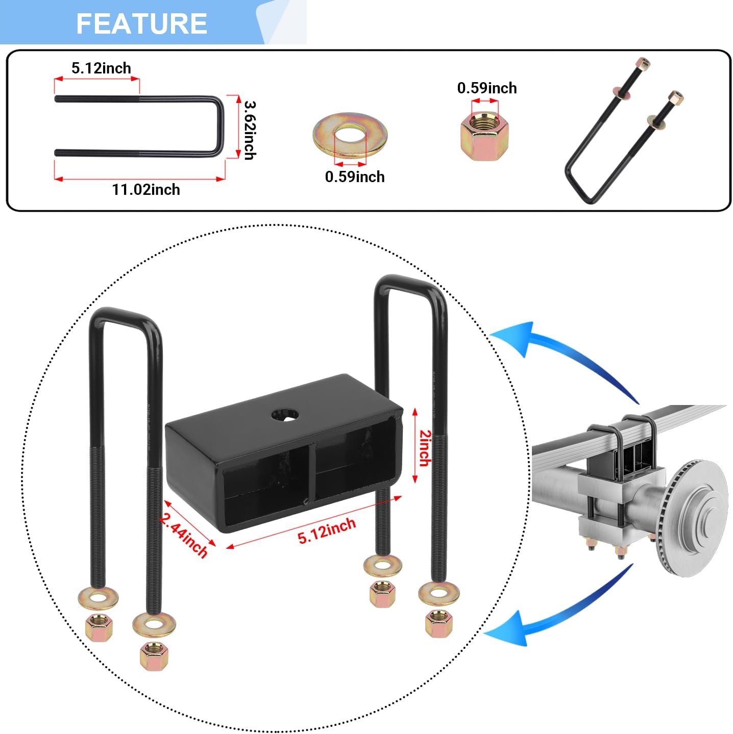 2 Inches Rear Lift Blocks Kit Compatible with 1999-2024 Chevy Silverado 1500 GMC Sierra 1500 2WD 4WD, 2" Rear Chassis Black Leveling Kit Block Extended Square U-Bolts