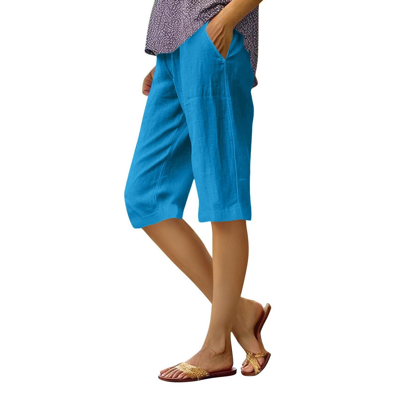 Pedal Pushers for Women Summer Elastic High Waisted Caapri Pants Knee Length Lightweight Bermuda Shorts with Pockets