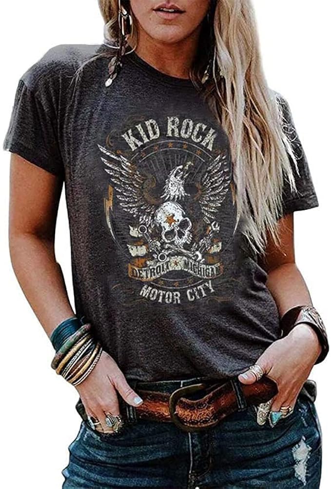 VKEGNIO Kid Rock Detrolt Mighigam Motor City Tank Shirt Women Skeleton Eagle Graphic Tank Top Country Music Skull Top