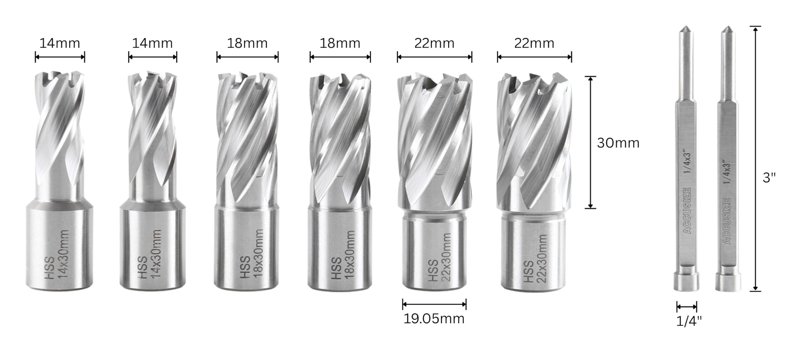 Accusize Utensili Industriali Slugger Cutter Set 14, 18, 22mm Diametro di taglio; 30mm Profondità di taglio, 0519-0030