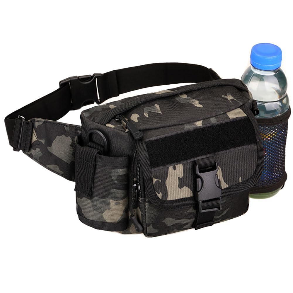 YFNT Tactical Waist Pack Single Shoulder Fanny Bag Water Resistant Waist Pouch with Water Bottle Holder for Hiking Climbing, Dark Camouflage