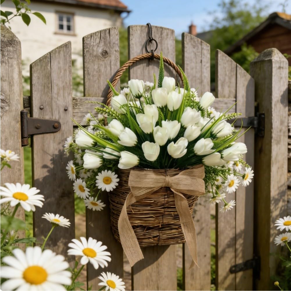 Couronne de lavande artificielle blanche 40cm, marguerite en soie et décoration murale de jardin