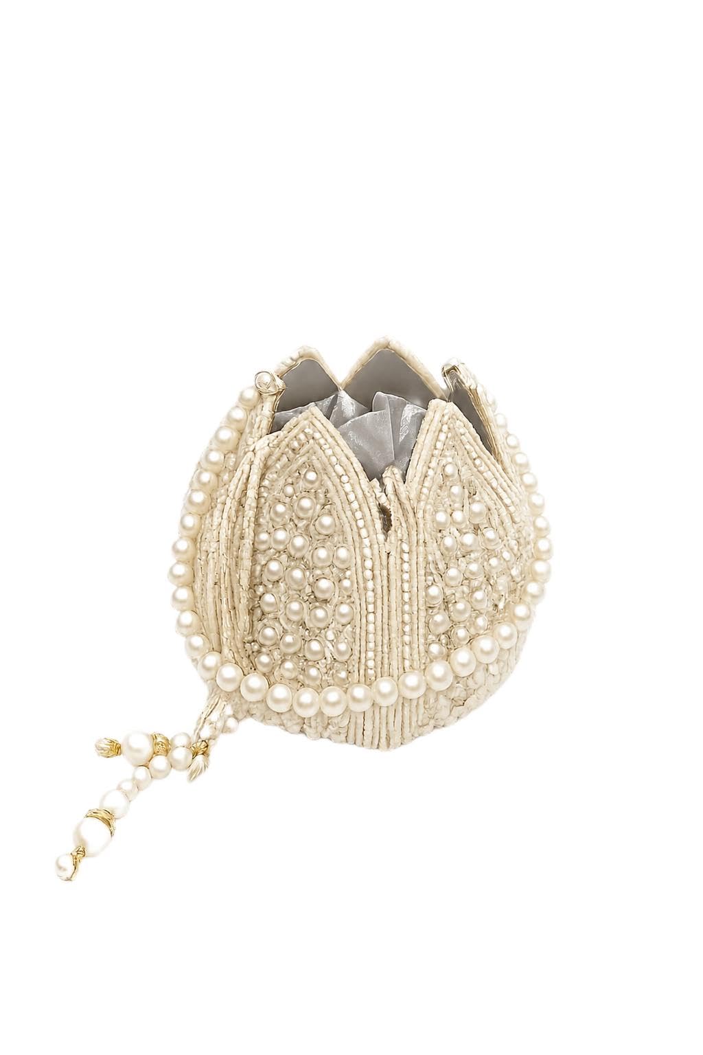 Pearl Beaded Potli Bag, Ivory, Drawstring Clutch with Pearl Handle, Bridal Wedding Purse-image-9