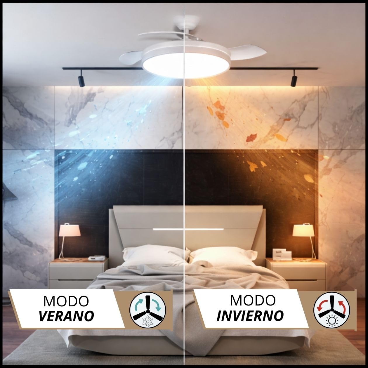 NARVI - Ventilador de Techo NANTES Ø 50 cm | Control Remoto | 3 Palas Transparentes | Iluminación LED Ajustable 60W | Motor DC Eficiente | Función Invierno/Verano | Blanco