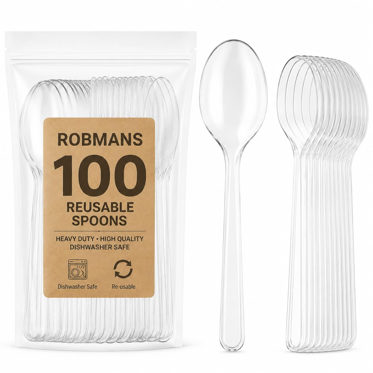 100 Pack Clear Reusable Spoons – Heavy Duty Reusable Bulk Spoons for Parties, Buffets, Desserts, BBQs, Catering & Events – Dishwasher Safe Spoon Set
