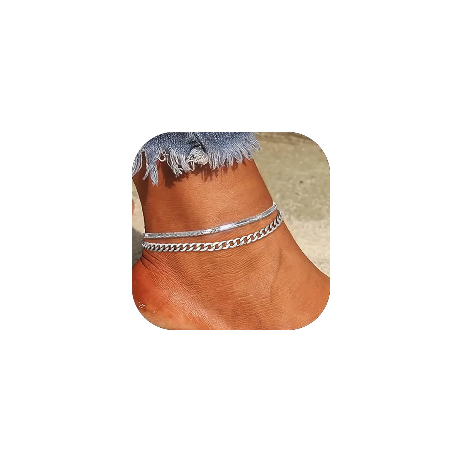 FOCALOOK 14K Gold Plated Anklet Bracelets for Women, Adjustable Waterproof Cuban/Figaro/Flat Snake/Paperclip Link Chain Heart Charm Anklets Set for